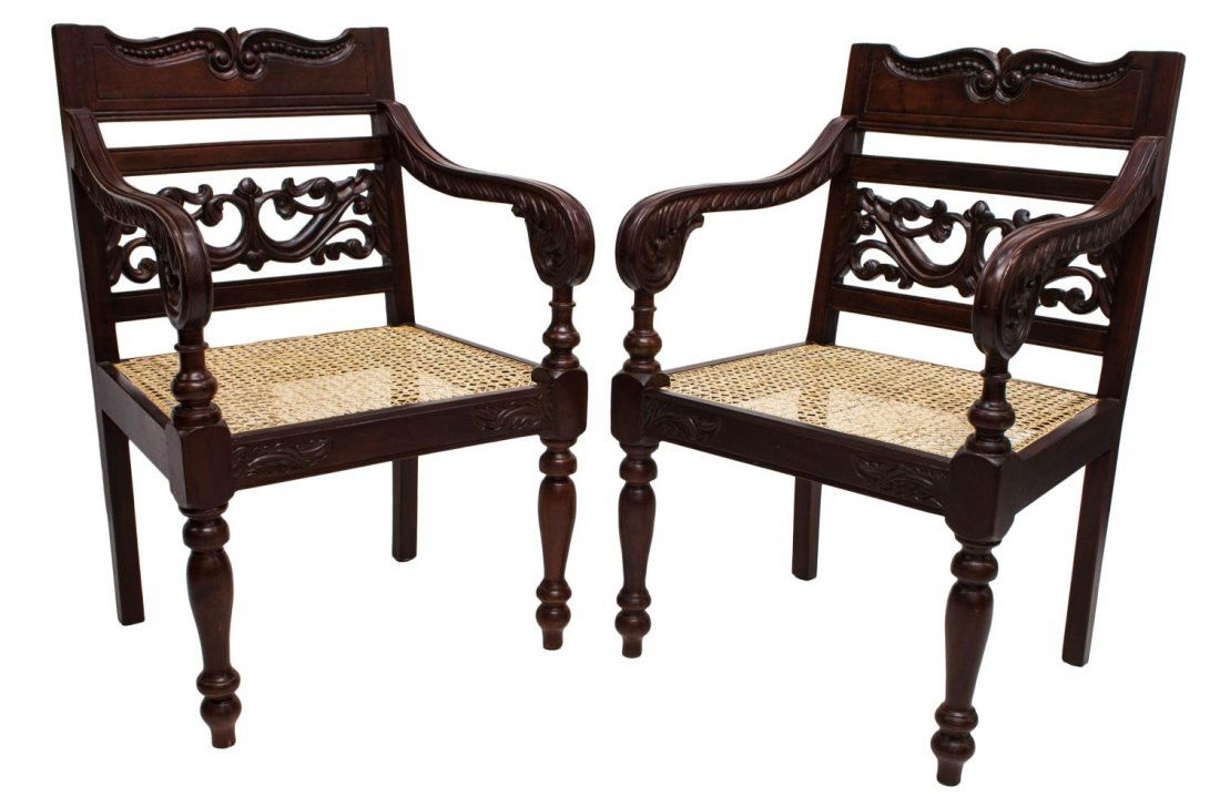 2) BRITISH COLONIAL MAHOGANY & CANE OPEN ARMCHAIRS (1 of 3)