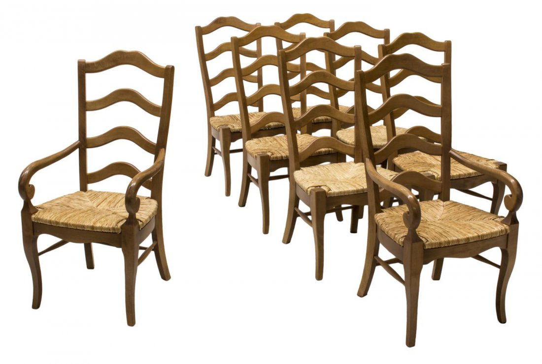 (8) HIGH LADDER BACK RUSH SEAT DINING CHAIRS, (1 of 2)