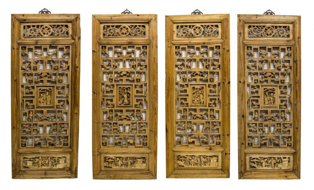 (4) VINTAGE CHINESE CARVED ELMWOOD HANGING PLAQUES (1 of 7)