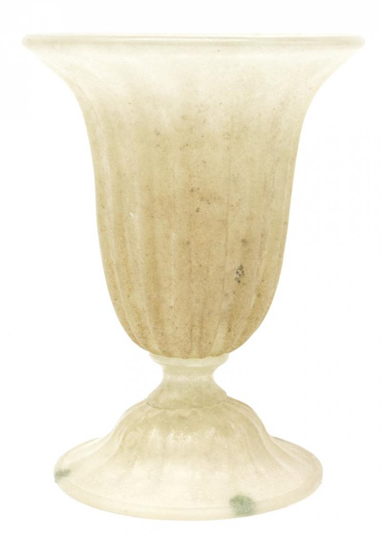 LARGE ITALIAN MURANO FIRE FINISHED ART GLASS VASE: Italian Murano art glass centerpiece vase of fluted inverted bell form on a pedestal foot, 13.75"h, 10"diam, 8.75lbs Start Price: $50.00