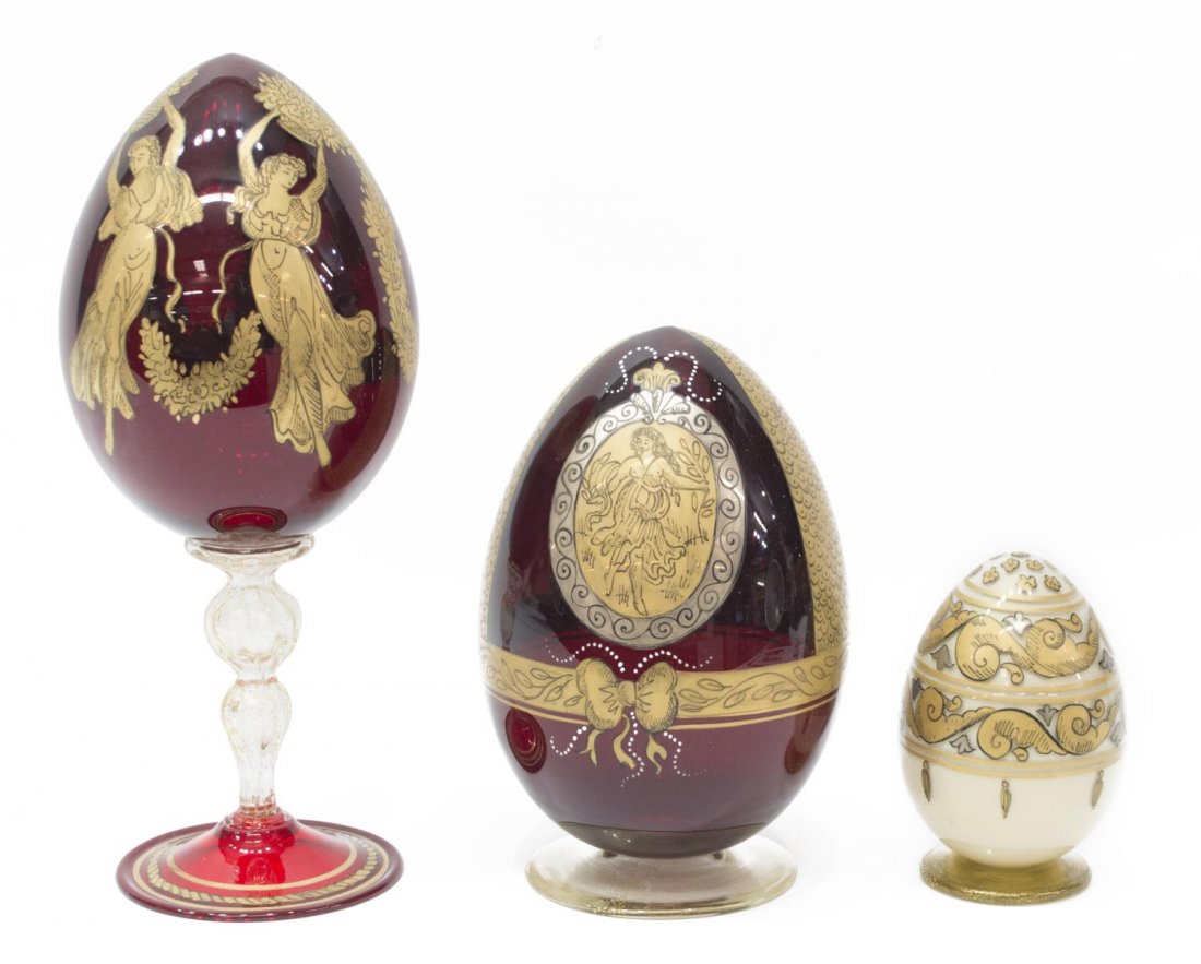 (3) ITALIAN MURANO GILDED RUBY & ART GLASS EGGS (1 of 6)