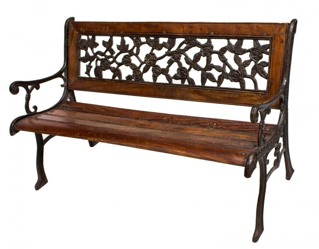 TEAKWOOD & WROUGHT IRON OPEN ARM GARDEN BENCH (1 of 5)