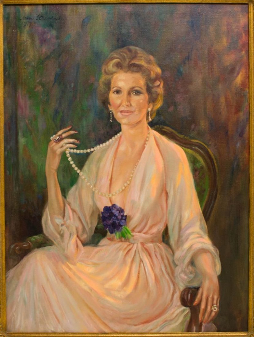 JOHN STREVENS (1902-1990) PORTRAIT MONETTA WILSON: Framed oil painting on canvas, "Portrait of Monetta Wilson", signed, dated upper left John Strevens, 1977 (John Frederick Lloyd Strevens, British,1902 - 1990), sight: 39"h, 29.25"w, overall: 47.5"h, 3