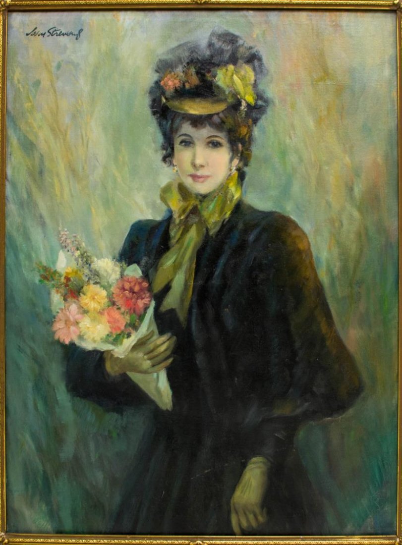JOHN STREVENS (1902-1990) LADY & FLOWERS 40x30: Framed oil painting on canvas,"Autumn Sunshine", signed upper left John Strevens (John Frederick Lloyd Strevens, British,1902 - 1990), signed again and titled on verso, London framers stamp on stretch