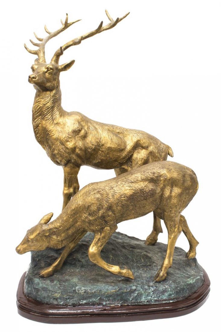 LARGE WILDLIFE BRONZE  FIGURAL GROUP, STAG & DOE (1 of 5)