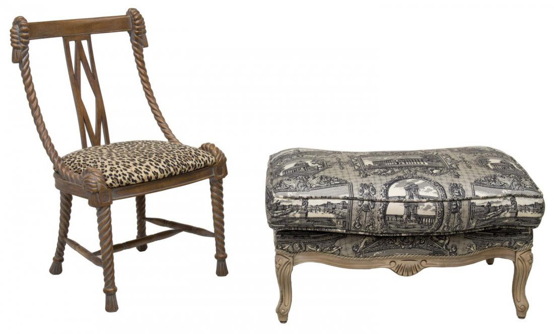 2) UPHOLSTERED OTTOMAN & CARVED ROPE/TASSEL CHAIR (1 of 3)