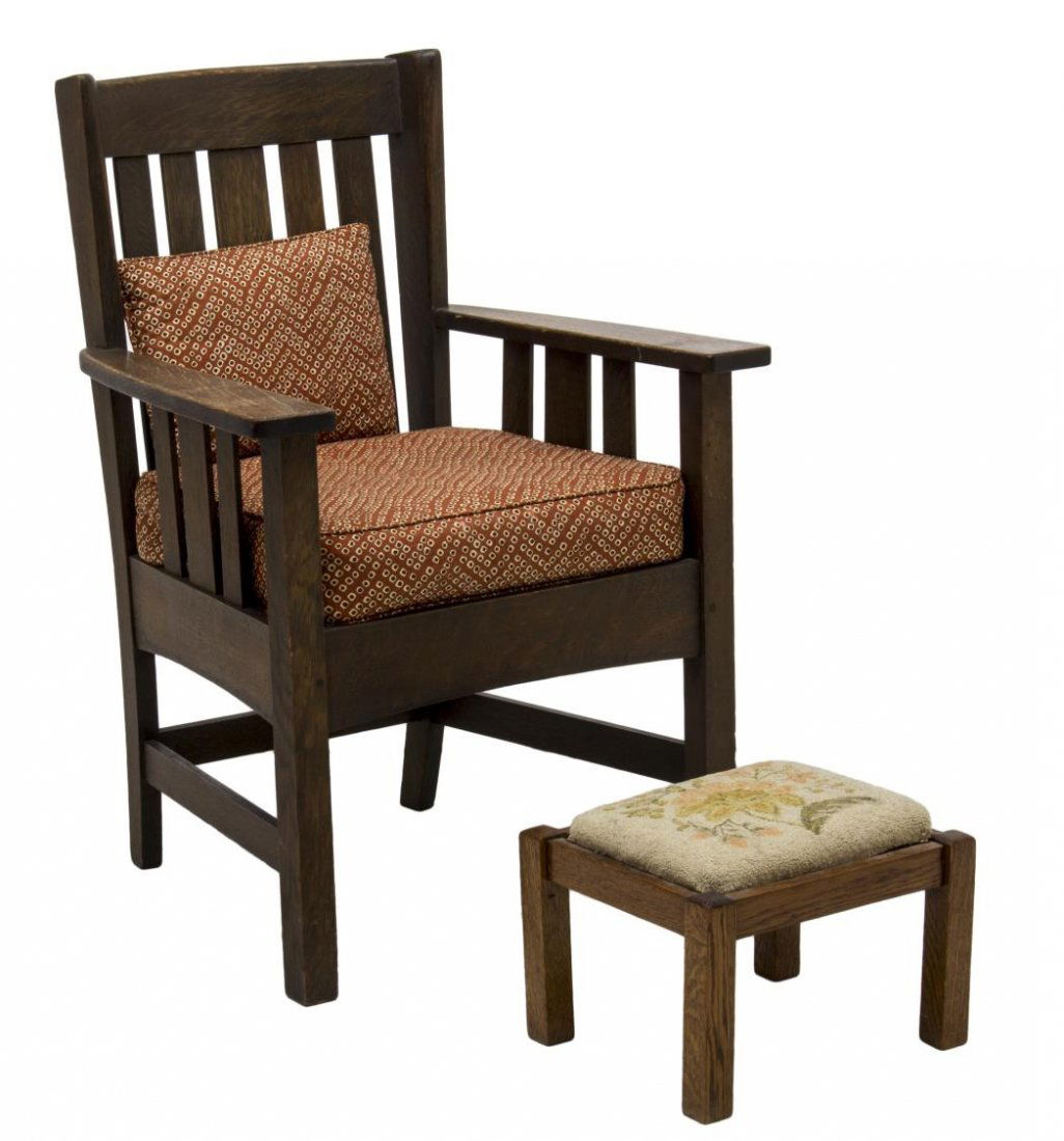 (2) ARTS & CRAFTS OAK STICKLEY ARMCHAIR & STOOL (1 of 5)