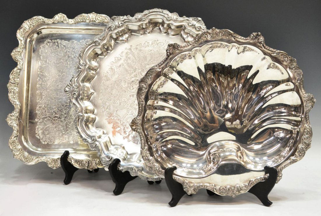 (3) FANCY WALLACE SILVER PLATE SERVICE TRAYS (1 of 10)