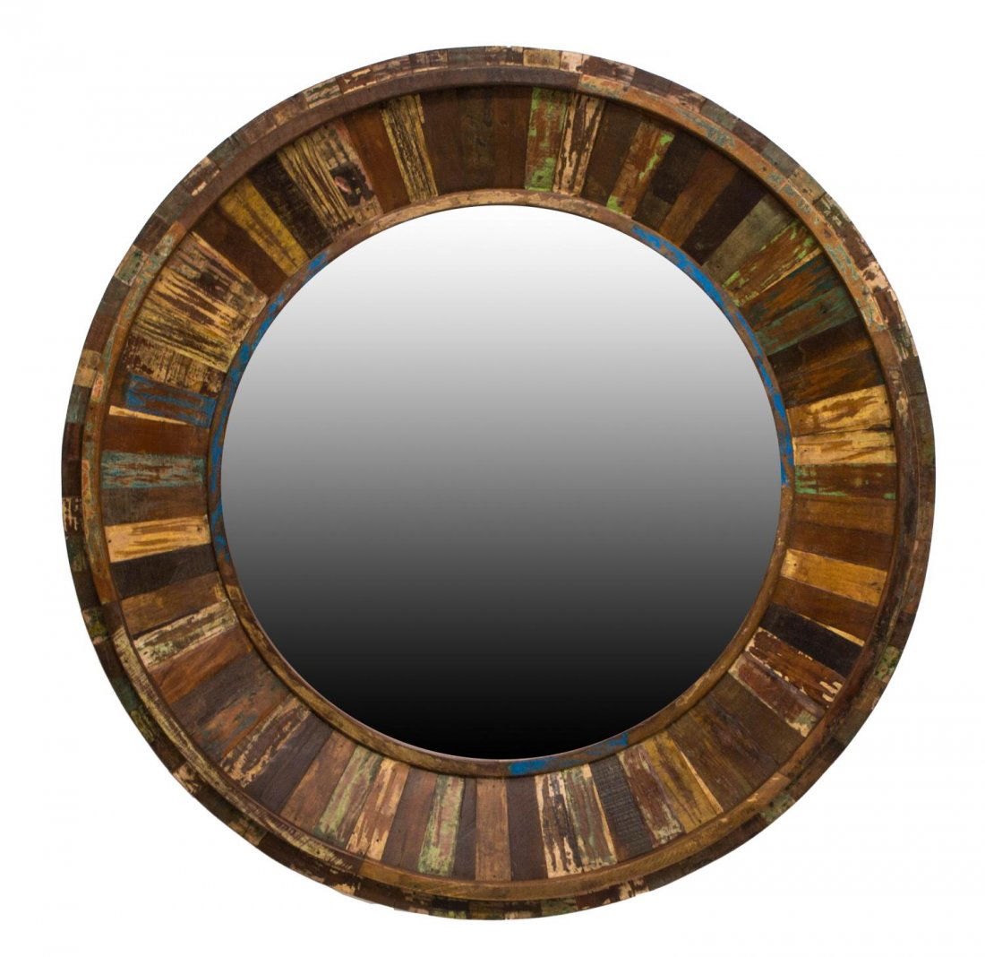 LARGE CONTEMPORARY ROUND RECYLCED TEAK MIRROR (1 of 2)