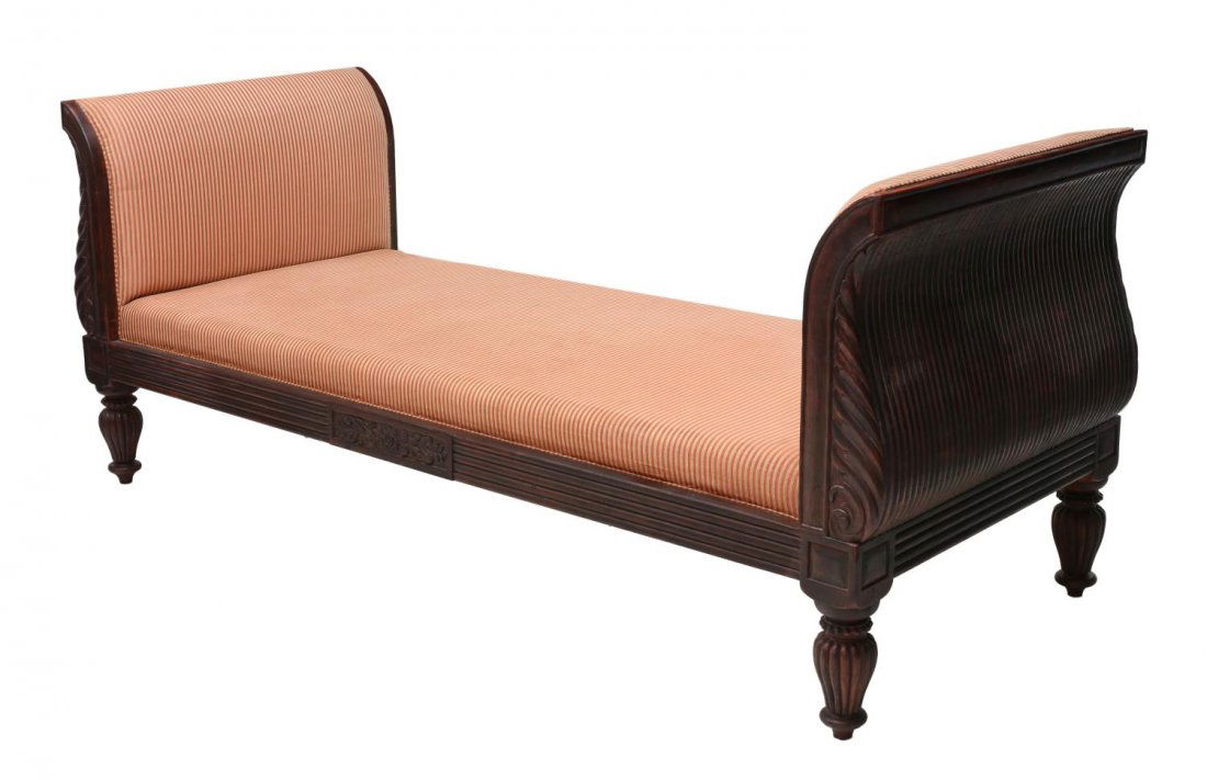 LARGE PLANTATION CARVED & UPHOLSTERED DAY BED (1 of 4)