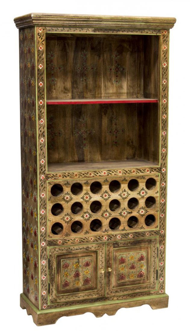DUTCH COLONIAL PAINTED MAHOGANY WINE RACK: Dutch Colonial painted mahogany wine rack, having a corniced top over two shelves, above 18 wine bottle holders, over two doors, painted floral accents throughout, 72"h, 36"w, 15"d Start Price: $150.0