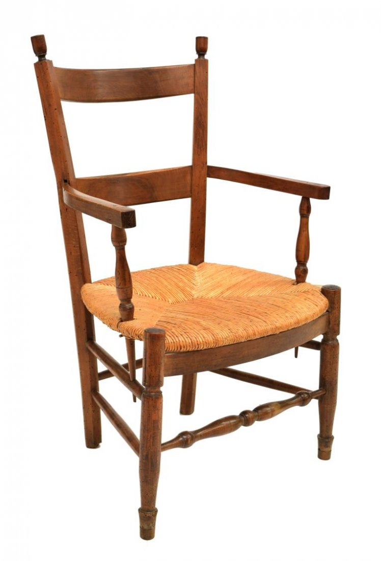 LOUIS XV STYLE RUSH SEAT ARM CHAIR, 20TH C. (1 of 2)