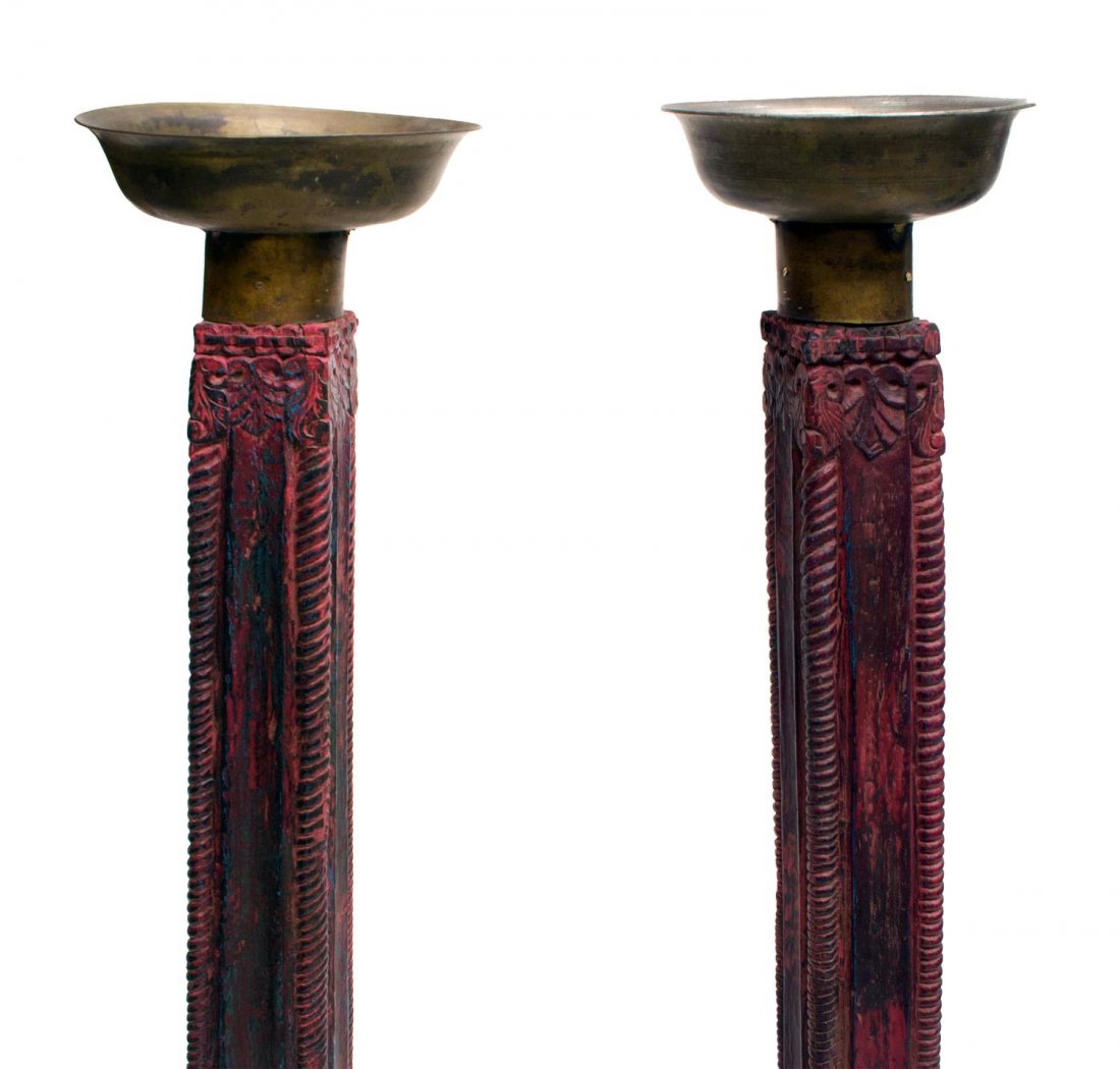 (2) CARVED TEAKWOOD CANDLE STANDS (1 of 3)
