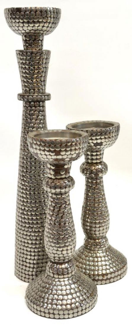 (3) CARVED WOOD & SILVER METAL CANDLESTICK GROUP (1 of 3)