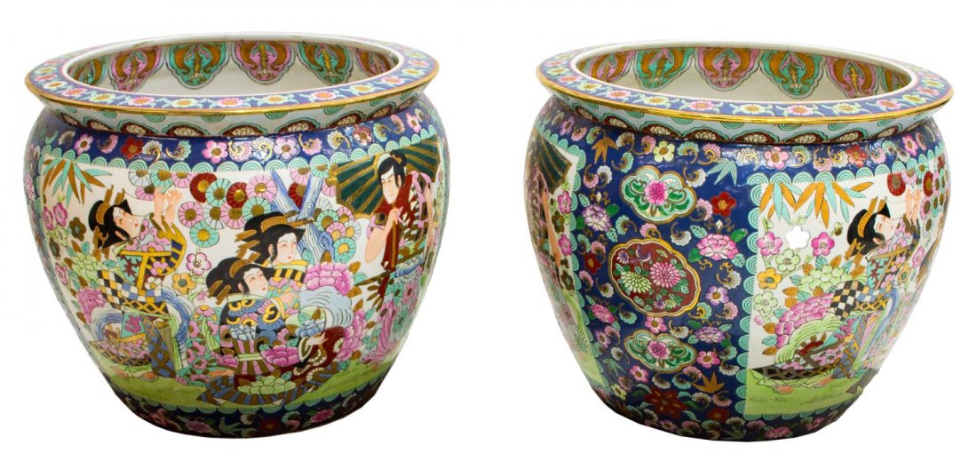 (2) IMARI STYLE PORCELAIN FIGURAL FISH BOWLS (1 of 5)