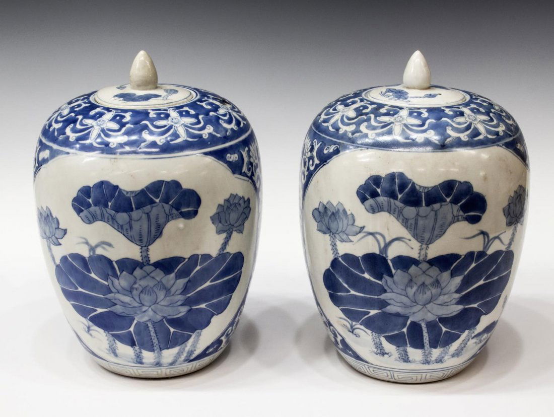 (2)CHINESE BLUE & WHITE MELON JARS LOTUS BLOSSOMS (1 of 3)