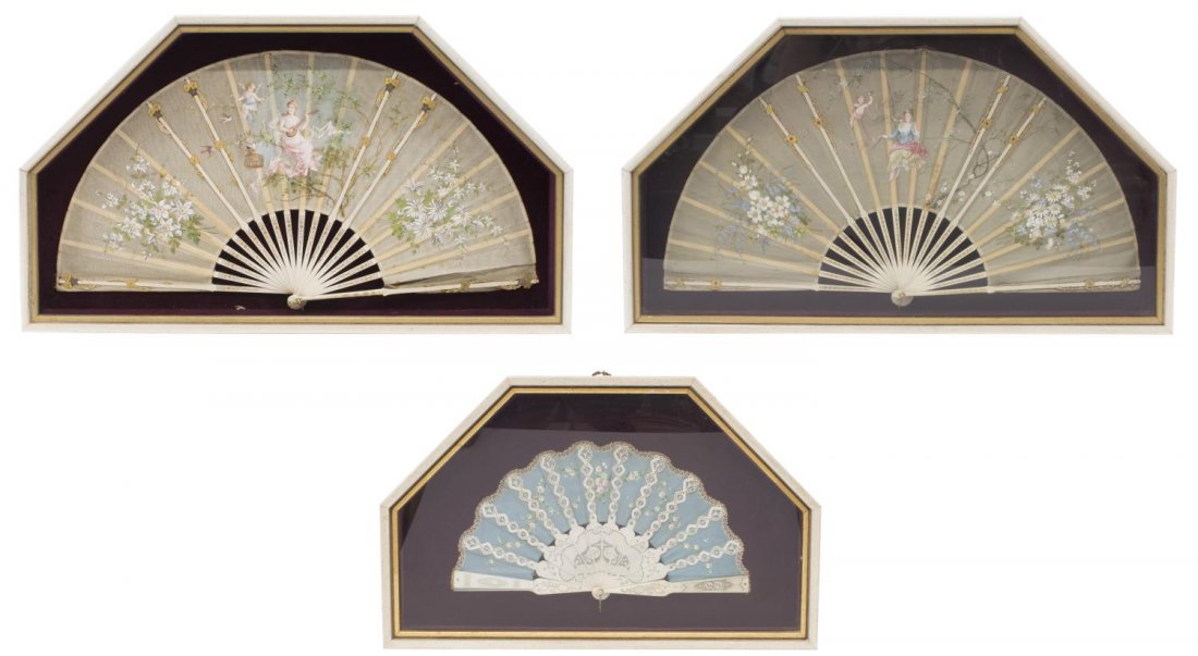 (3) ANTIQUE PAINTED & DECORATED FANS SHADOW BOX (1 of 6)