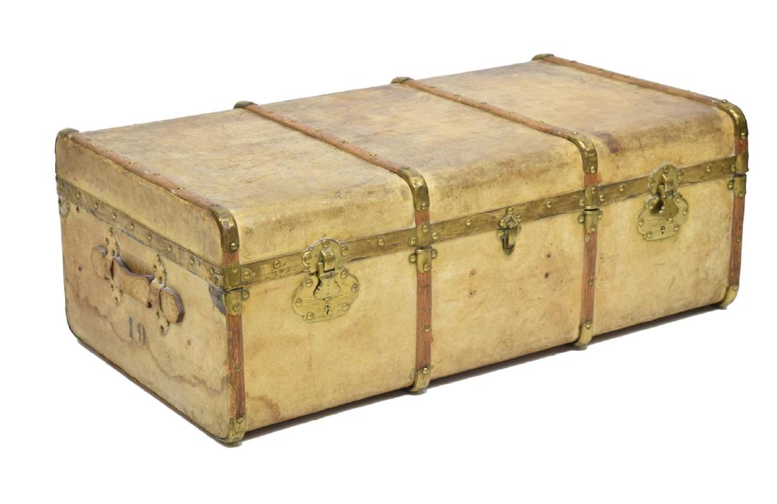 LARGE CONTINENTAL LEATHER STEAMER TRUNK: Large continental leather steamer trunk, metal and wood binding accented with nail head trim, black stamp "19" to either side, leather strap handle to side, the lid opening to fabric interior with fit