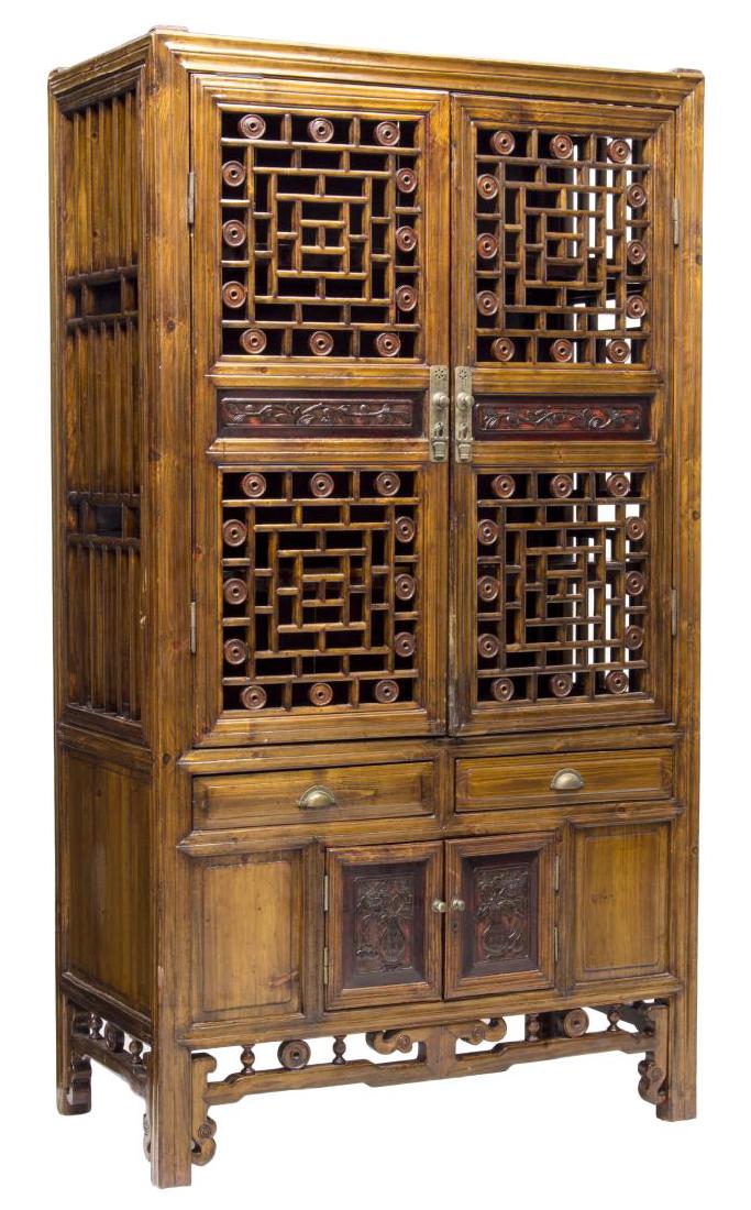 CHINESE ELMWOOD OPEN FRETWORK CABINET (1 of 3)