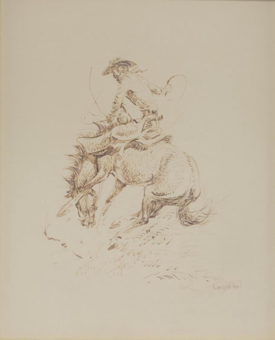FRED HARMAN (1902-1982) INK DRAWING, BUCKING HORSE (1 of 4)