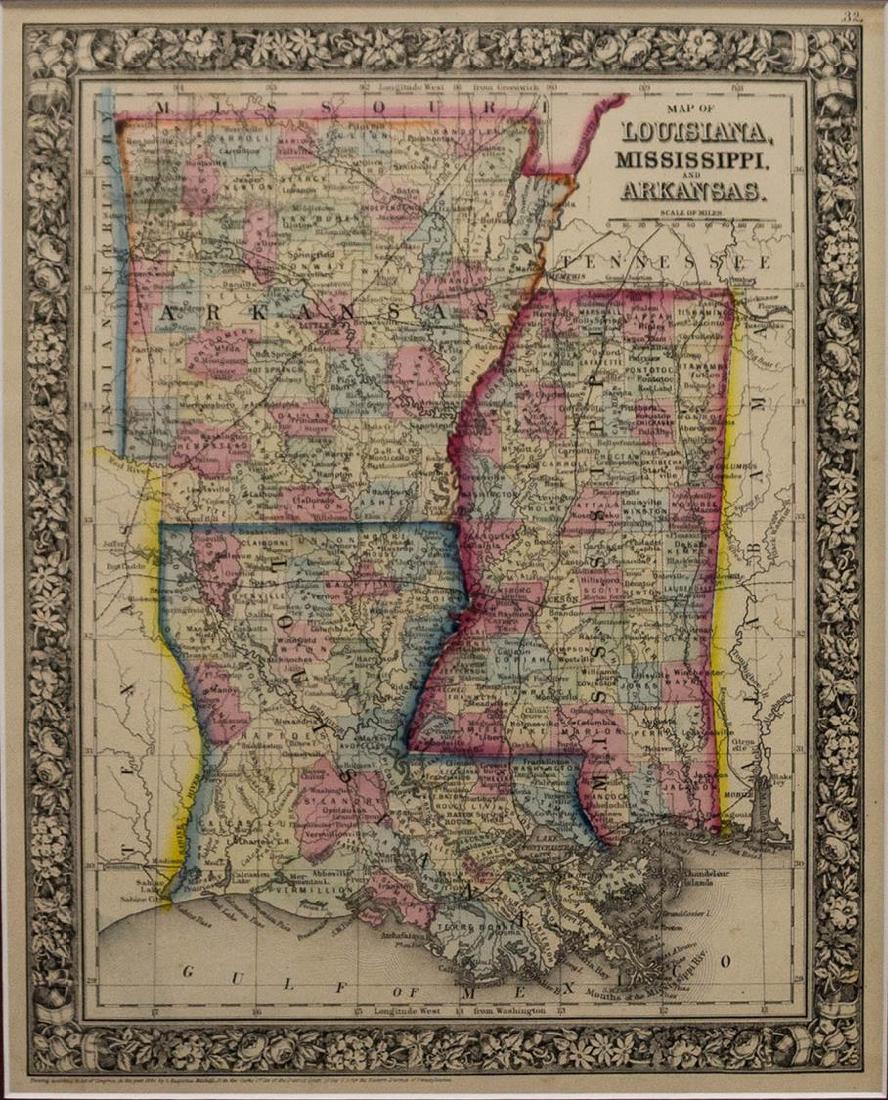 1860 MAP LOUISIANA, MISSISSIPPI, ARKANSAS (1 of 7)