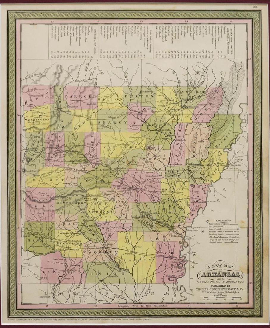 1854 "NEW MAP OF ARKANSAS", THOMAS COWPERTHWAIT: Framed, "A New Map of Arkansas, with its Canals Roads * Distances", 1854, "Published by Thomas Cowperthwait & Co, No. 253 Market Street, Philadelphia", hand colored, includes 'Steamboat Routes", sight