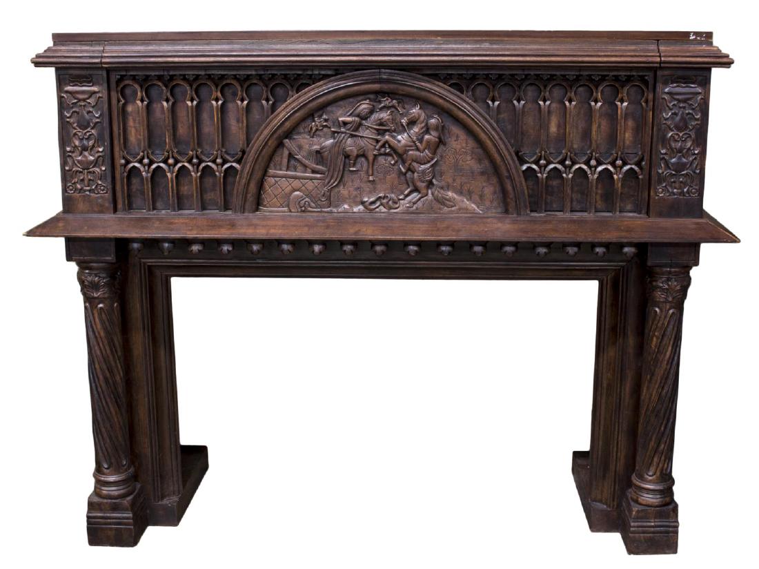 GOTHIC REVIVAL CARVED TEAK FIREPLACE SURROUND (1 of 3)