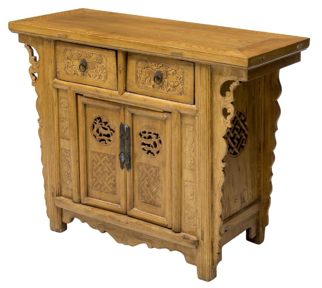 SMALL CHINESE CARVED ELMWOOD CABINET, 19TH CENTURY (1 of 4)