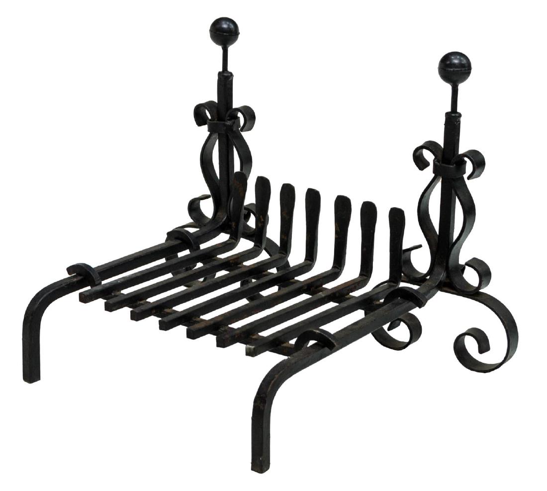 (3) WROUGHT IRON ANDIRONS AND LOG HOLDER (1 of 2)