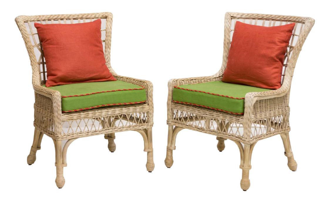 (2) WHITE WICKER CUSHIONED OUTDOOR CHAIRS (1 of 3)