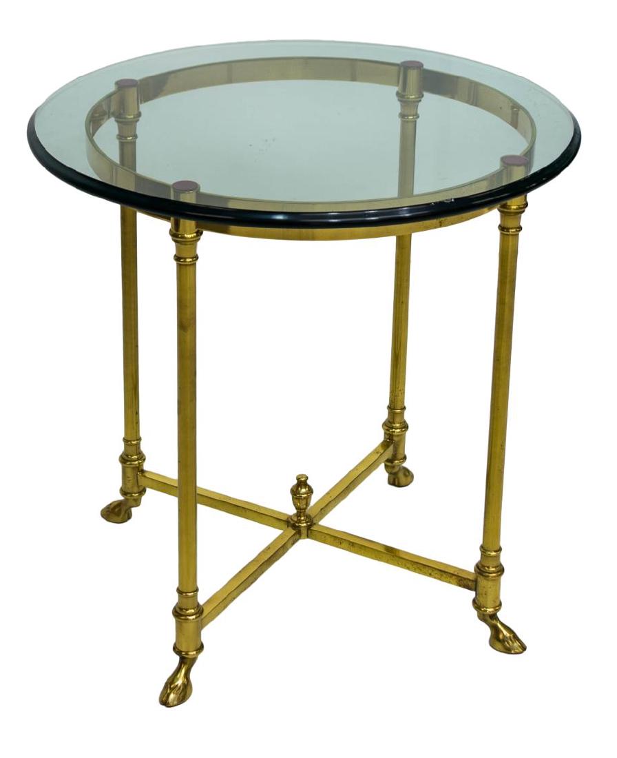 REGENCY STYLE GLASS TOP BRASS SIDE TABLE, 20TH C (1 of 2)