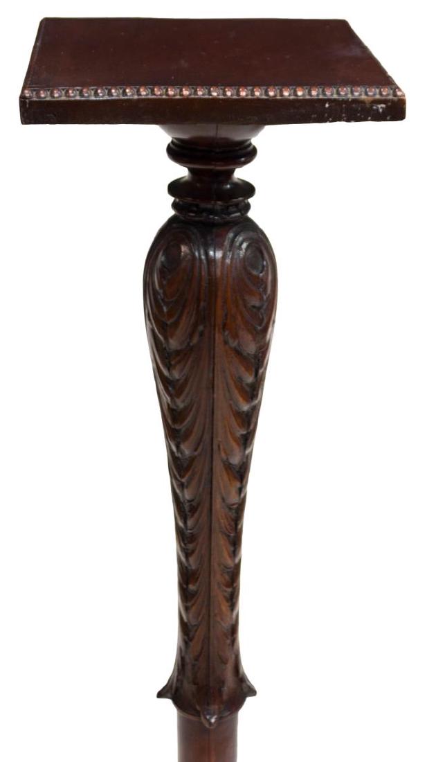 AMERICAN VICTORIAN MAHOGANY PEDESTAL PLANT STAND: American Victorian carved mahogany pedestal plant stand, having a square top with beadwork trim, over an acanthus accented column, rising on stepped square base, 47"h, 9.5"w, 9.5"d **Provenance: From