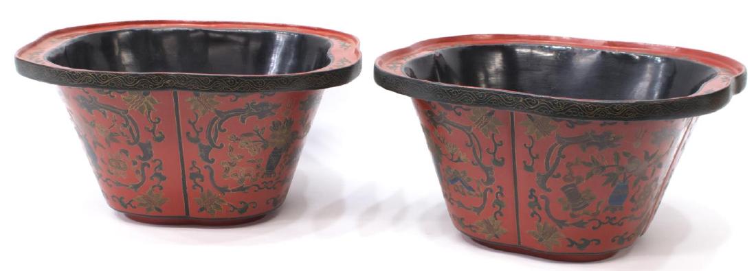 (2) CHINESE RED LACQUER PAPER MACHE PLANTERS (1 of 4)