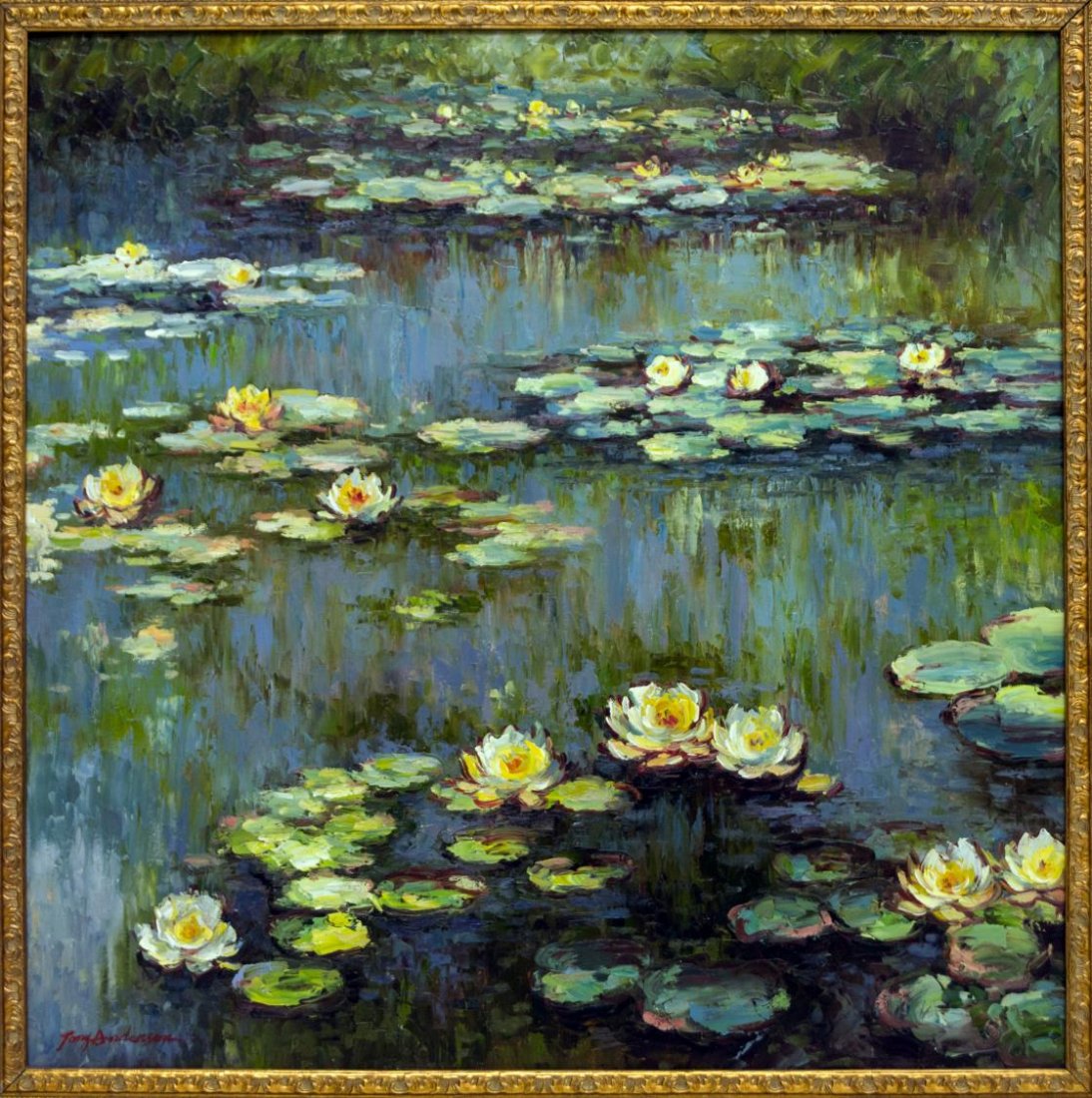 FRAMED PAINTING, LILIES ON WATER, SIGNED (1 of 4)