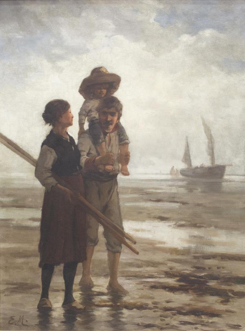 FRAMED PAINTING, FIGURAL SEASCAPE SIGNED E.M 19THC: Gilt framed oil on canvas, Figures Along the Seashore, 19th c., initialed lower left E.M., possibly Edward Moran (American, 1829-1901), canvas has wax lining verso, sight: 23.5"h, 17.5"w, overall: 36"