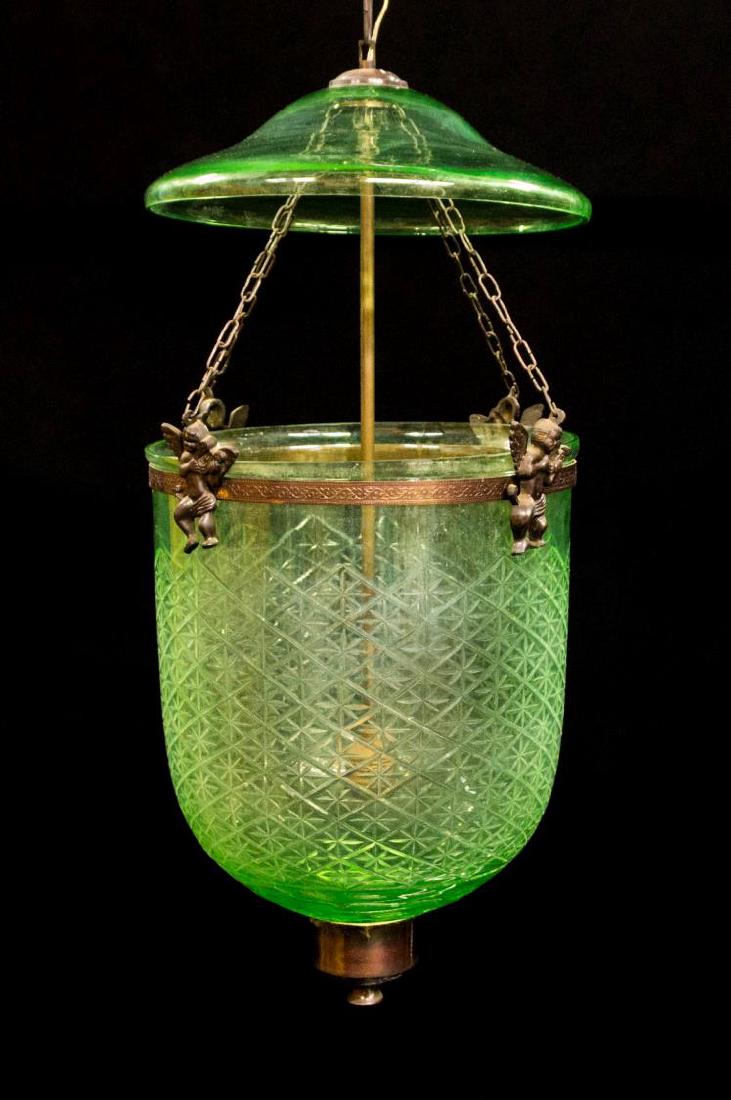ITALIAN ETCHED BELL-JAR GREEN GLASS CHANDELIER (1 of 3)