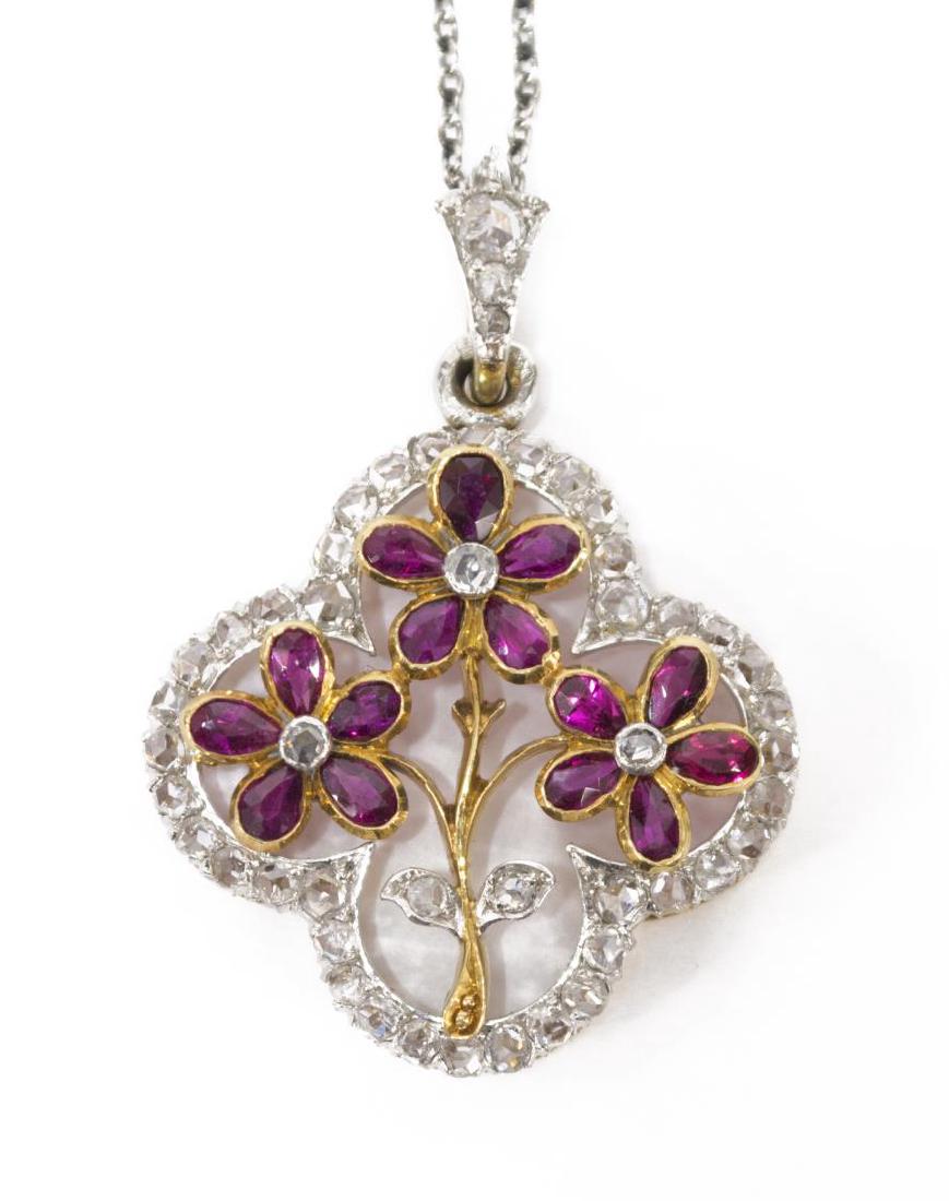 LADIES 18K & PLAT DIAMOND RUBY FLORAL NECKLACE (1 of 3)