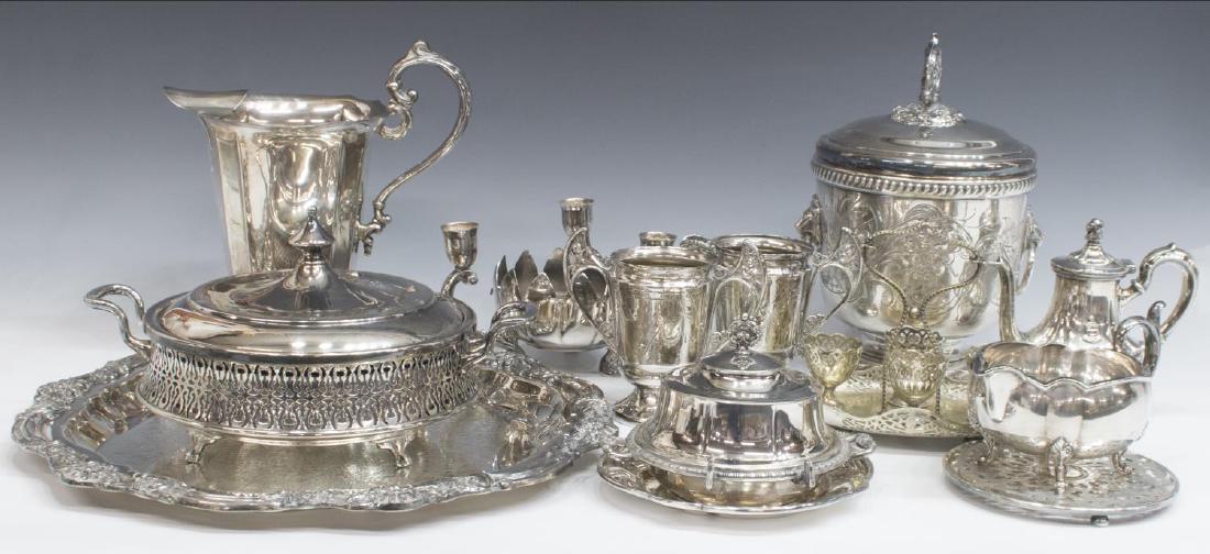 (14) COLLECTION SILVER PLATE TABLEWARE, COOLER ETC: (lot of 14) Silverplated tableware items, highlights include: wine cooler, by W&S Blackington, marked underfoot; egg coddler, lacking glass inserts and spoons; flower frog; circular tray, and more, la
