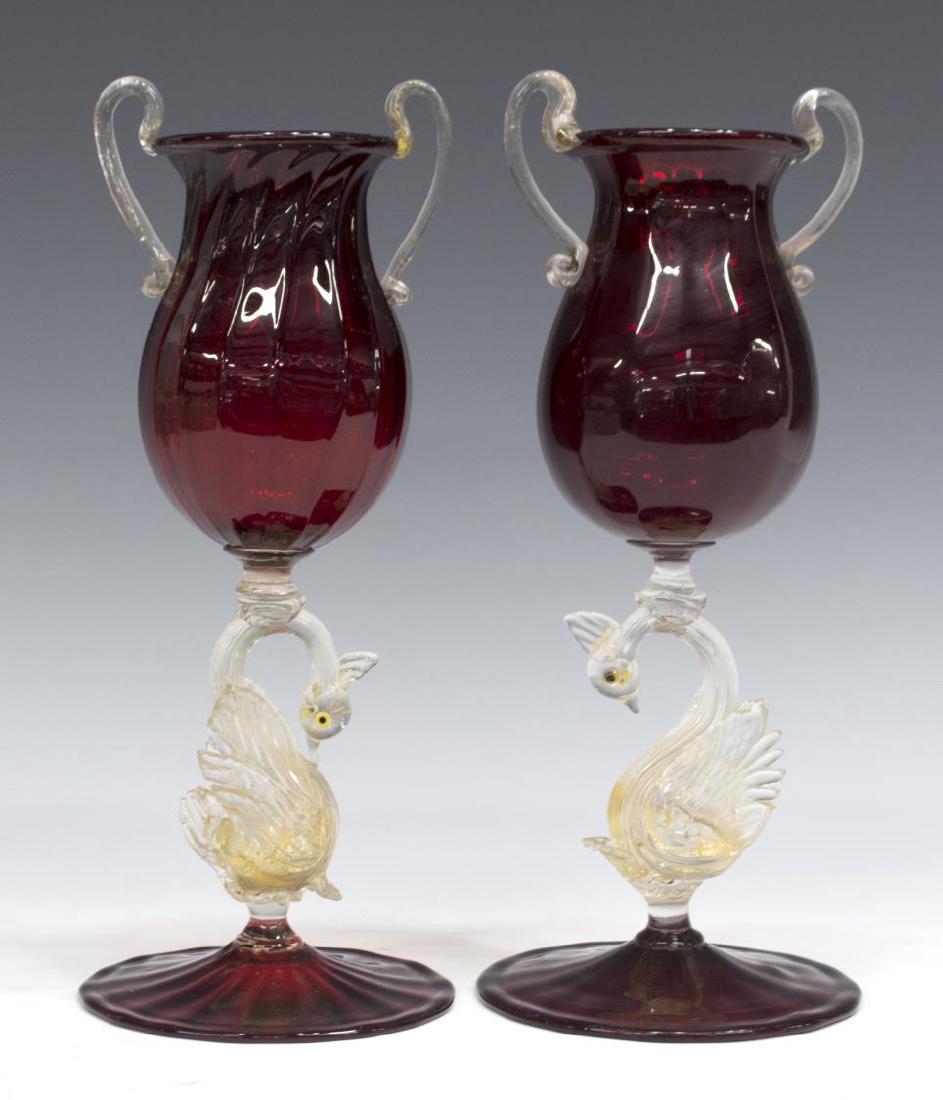 (2)LARGE VENETIAN RUBY & GILT FLECKED SWAN GOBLETS (1 of 2)