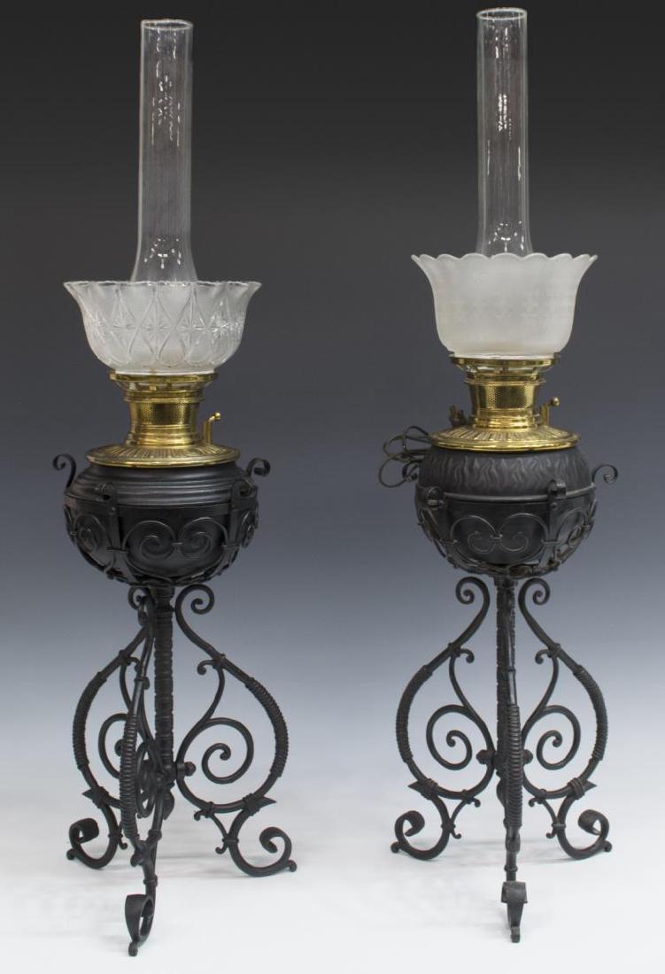 (2) VICTORIAN ETCHED GLASS & IRON BANQUET LAMPS (1 of 5)
