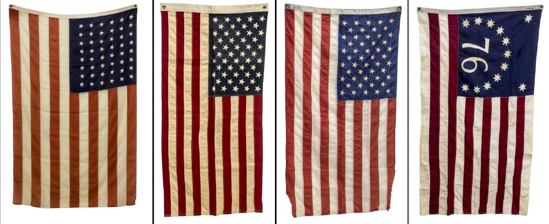 (4) U.S. FLAGS, ONE 48 STAR HORSTMANN: (lot of 4) United States flags: (1) 48 stars, 5'x8', by William H. Horstmann Company, Philadelphia; (1) marked U.S. Property, 50 stars, size 10, American Flag and Banner Company; (1) Valley Forge Flag