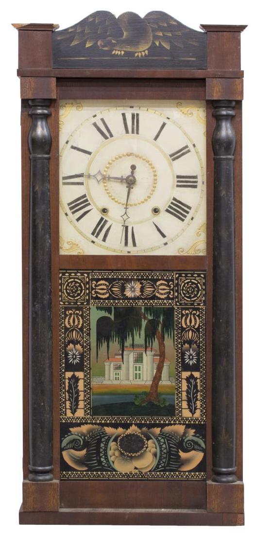 RILEY WHITING COLUMN & SPLAT SHELF CLOCK, 19TH C: Riley Whiting column and splat mantel clock, Manchester, Conn., c. 1840, the mahogany case accented with an ebonized and gilt stencil splat and half columns, painted wood Roman numeral dial, time and 