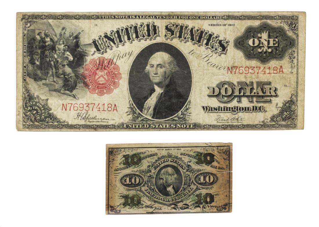(2) U.S. 1917 ONE DOLLAR NOTE & FRACTIONAL 10 CENT: (lot of 2) U.S. one dollar note, series of 1917, commonly called a "saw-horse", signed at right Frank White, Treasurer of the United States, at left H.V. Speelman Register of the Treasury , together w