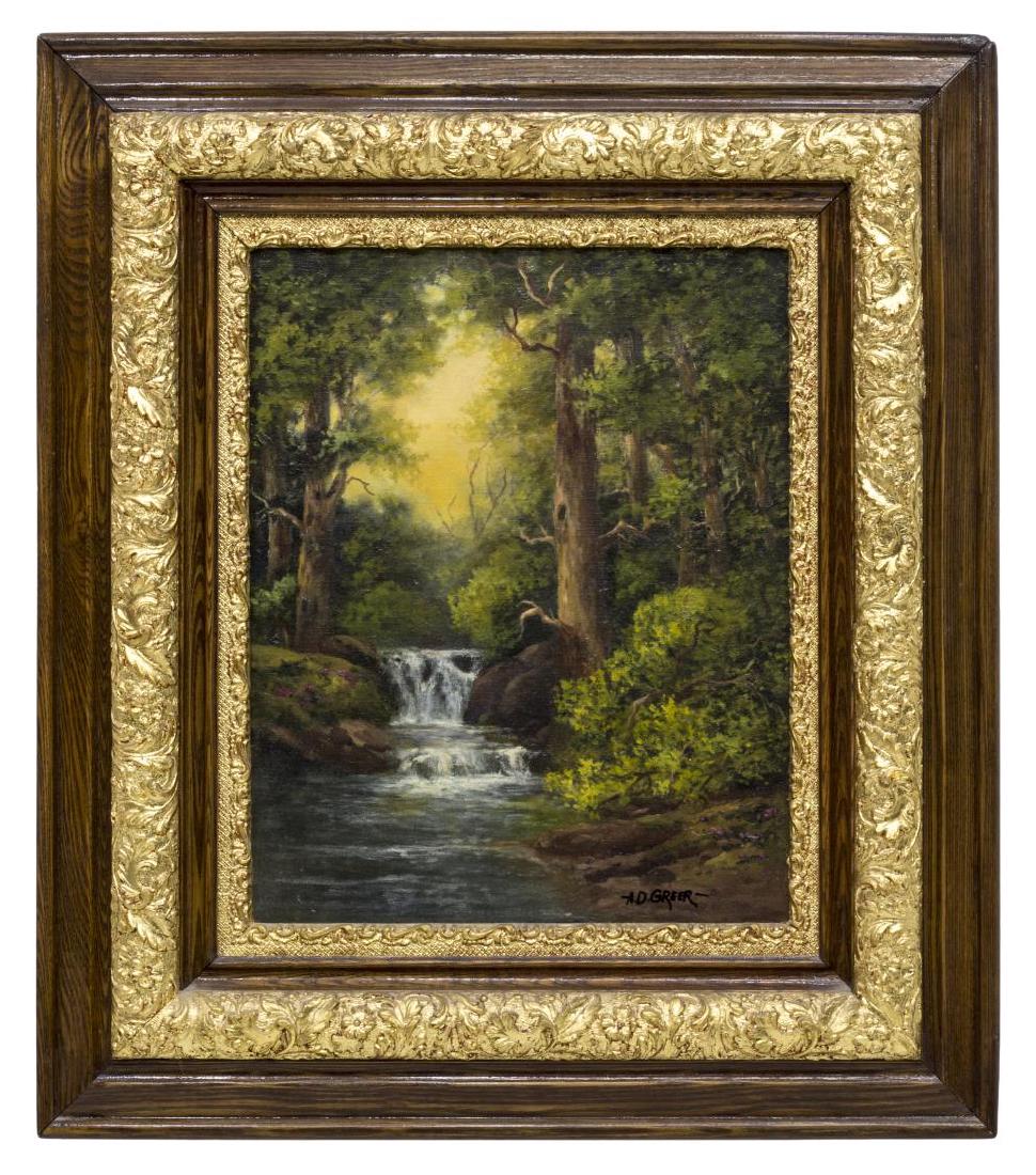 A.D. GREER (1904-1998) WATERFALLS & WOODS PAINTING: Framed oil painting on canvas, Waterfall in the Woods, signed lower right, A.D. Greer (Aubrey Dale Greer, Oklahoma, Texas, 1904-1998), sight: 19.5"h, 15.5"w, overall: 31.75"h, 27.75"w Start Price: $15