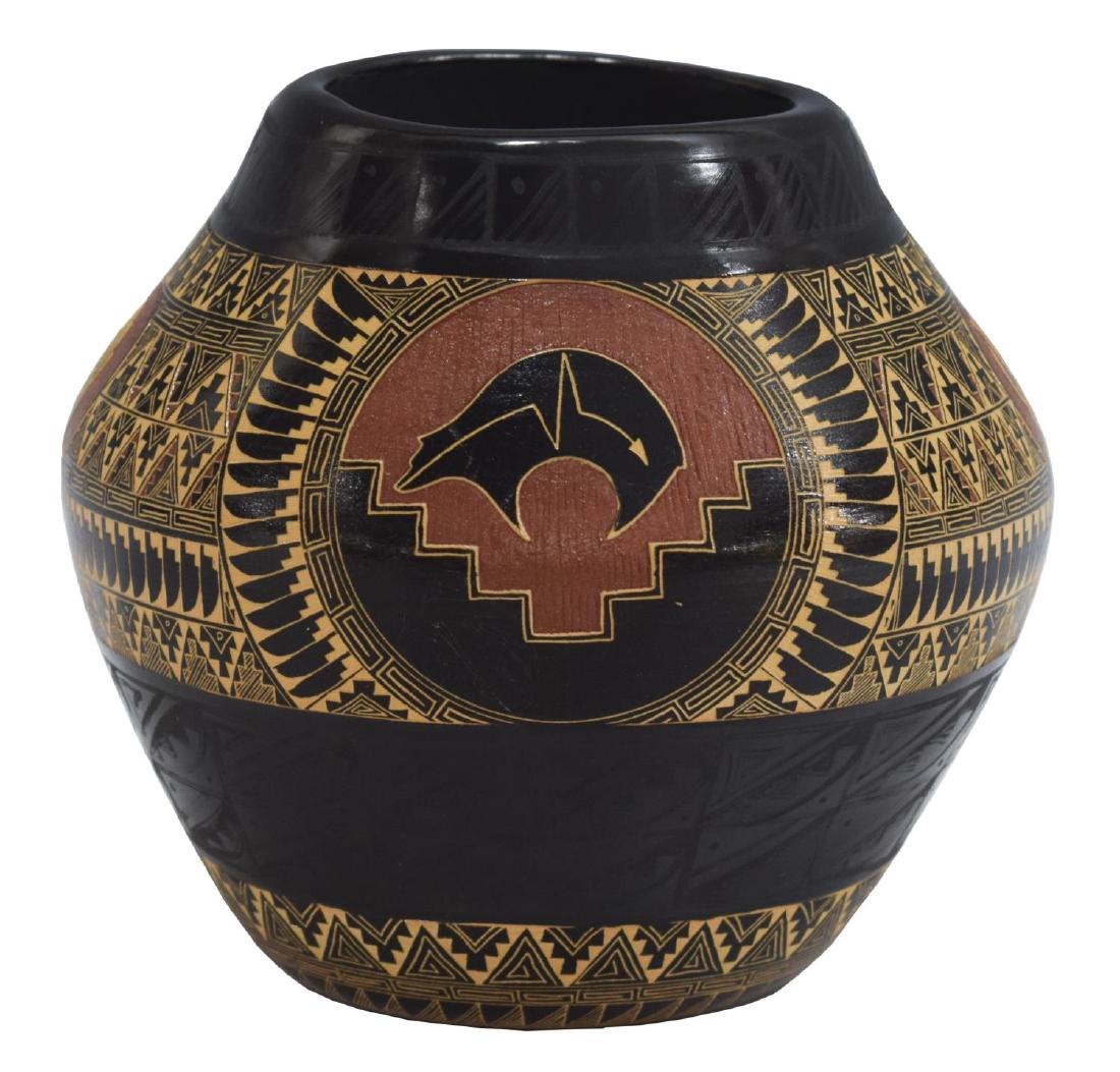 NATIVE AMERICAN MARVIN BLACKMORE ETCHED VASE: Native American Marvin Blackmore etched black pottery vase, signed underfoot, 5.5"h, 0.5lbs Start Price: $150.00