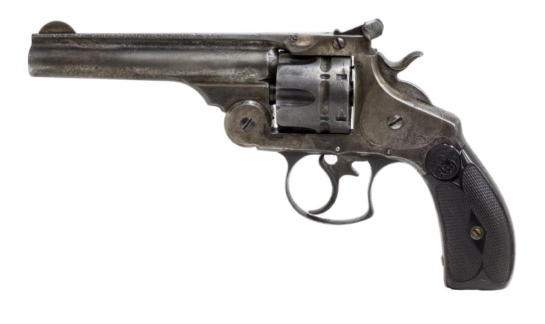 SMITH & WESSON FIRST MODEL D.A. REVOLVER: Smith & Wesson Double Action First Model Revolver, top break, .44 Russian caliber, six round cylinder, 5" barrel, black checkered S&W grips, pitted finish, SN 3XXX *REQUIRES FFL TRANSFER Start Price: