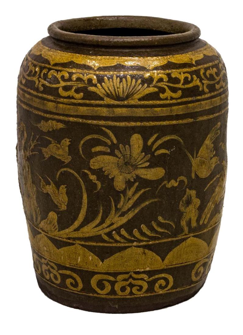 LARGE HIGH RELIEF EARTHENWARE FLOOR VASE / PLANTER: Large glazed earthenware floor vase / planter, of barrel form, incised and raised with stylized figures of lions and other animals in an outdoor landscape, framed by scrolling border, intact with rest