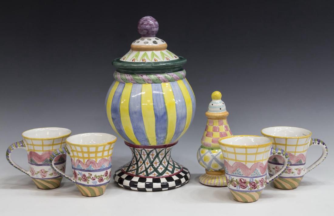 (6) MACKENZIE CHILDS 'ODD FELLOWS' TABLEWARE GROUP: (lot of 6) MacKenzie-Childs hand painted ceramic terra cotta tableware, in "Odd Fellows" pattern, lidded and footed compote, 14.5"h, 8" diam.; accompanied by an unnamed pattern (4) mugs, 4.75"h; and (