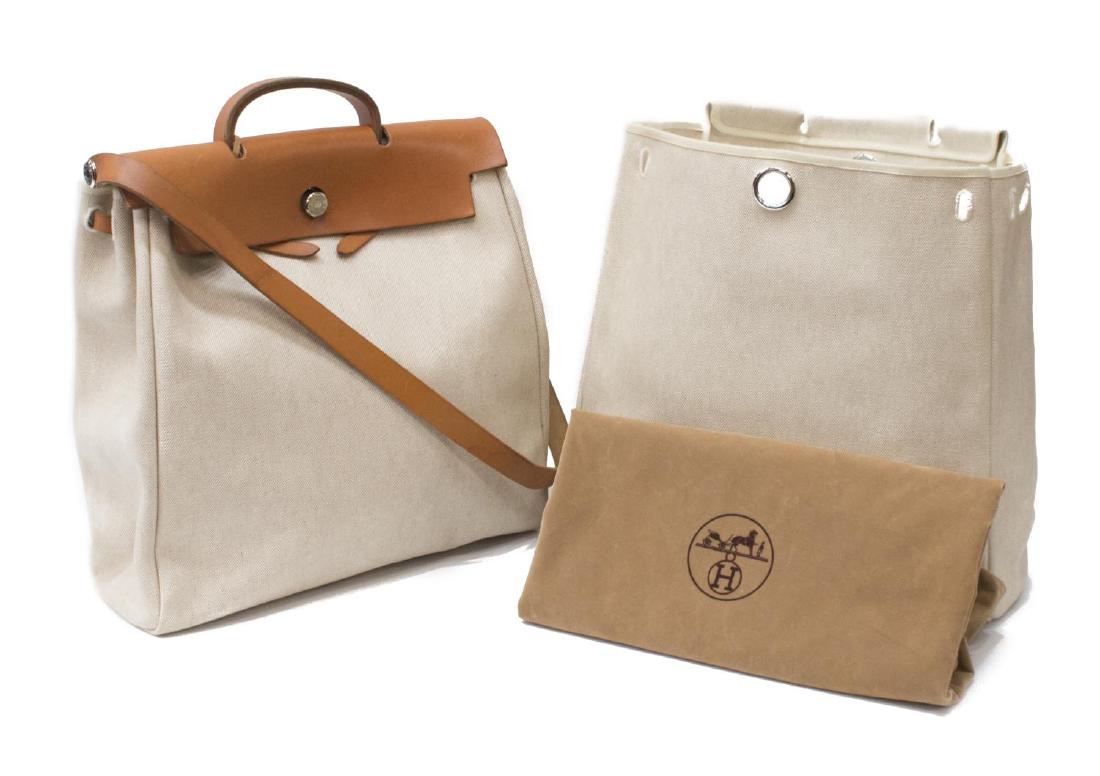 HERMES 'HERBAG GM' BEIGE TOILE H SHOULDER BAG: Hermes "Herbag GM" shoulder bag in beige Toile H, with brown leather parts, silver tone hardware, accompanied by interchangeable bag and Hermes dust bag, having keys in clochette and lock, some light