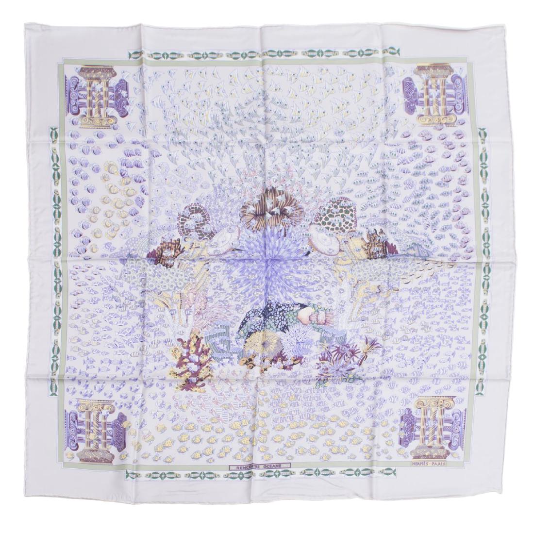 HERMES 'RENCONTRE OCEANE' SILK TWILL SCARF, FAIVRE: Hermes silk twill square scarf, "Rencontre Oceane", by Annie Faivre, in creams, purples, greens, yellows, and browns, retaining box, 34"h, 34.5"w, 1lbs *Provenance: Luxury goods offered in partnership
